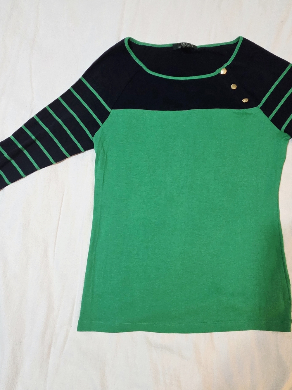 Ralph Lauren Green and Navy Long Sleeve Striped Shoulder Top